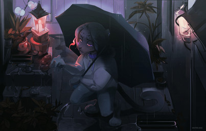anthro clothed clothing collar detailed_background duo eyebrows eyelashes female hair lamp lantern raining umbrella unknowhiter avian bird felid feline mammal 2021 digital_media_(artwork) hi_res