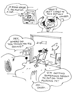 3_fingers anthro bottomwear car cartoon_freckles clothed clothing crt dialogue dreadlocks duo electronics eyes_closed eyewear female fingers floppy_ears footwear freckled_face freckles glasses hoodie inside male open_mouth profanity shoes shorts snout speech_bubble tail television text topwear vehicle walking gaydottiff ridge_racer greg_(gaydottiff) penny_(gaydottiff) canid canine canis domestic_cat domestic_dog felid feline felis mammal 2023 black_and_white comic english_text hi_res monochrome