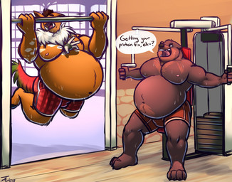 anthro anthro_pred anthro_prey belly big_belly big_muscles bodily_fluids bottomwear brown_body brown_fur bulge clothed clothing exercise exercise_clothing exercise_equipment feet_first fur group gym huge_belly huge_muscles male male_pred muscular muscular_male nipples obese obese_male overweight overweight_male pectoral_vore pull_up_bar red_tail shorts struggling struggling_prey sweat sweaty_body tail text topless trio unwilling_prey vore tanio villam_(randsom) bear bovid bovine brown_bear chimera grizzly_bear mammal ursine english_text