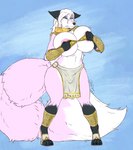 anthro armor bell big_breasts big_tail blue_eyes bottomwear breasts clothed clothing cosplay female fur hair loincloth nipples pink_body pink_fur skimpy solo standing tail wardrobe_malfunction white_body white_fur white_hair blokfort nintendo star_fox cerine_(vulpinehero) 2022 hi_res