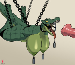 4_toes animal_genitalia animal_penis anthro areola barefoot bdsm big_breasts bondage bound breasts chain chained choker collar cuff_(restraint) digitigrade disembodied_penis duo equine_genitalia equine_penis erection feet female flared_penis gag gagged gaping_mouth genitals green_areola green_nipples hands_behind_back hanging_breasts huge_breasts jewelry leather leather_cuffs makeup mascara muscular muscular_anthro muscular_female necklace nipple_weights nipples open_mouth penis restraints ring_gag running_makeup running_mascara sharp_teeth soles submissive submissive_female suspension suspension_bondage teeth toes tongue tongue_out wide-open_mouth avioylin crocodile crocodilian reptile scalie