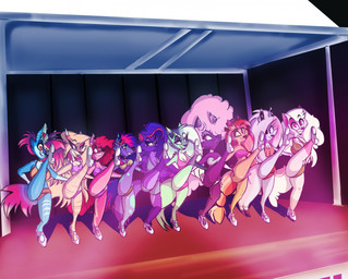 anthro bikini blue_body blue_fur clothing female freckles fur green_body green_fur group hair orange_body orange_fur pink_hair purple_body purple_fur red_body red_fur stage swimwear two-piece_swimsuit yellow_body yellow_fur salamanderking mythology zoophobia finch_(zoophobia) jayjay_(zoophobia) koko_(zoophobia) magpie_(zoophobia) mint_(zoophobia) nightengale_(zoophobia) pigeon_(zoophobia) queen_(zoophobia) raven_(zoophobia) robin_(zoophobia) canid canine mammal mythological_canine mythological_creature werecanid werecanine werecreature werewolf hi_res