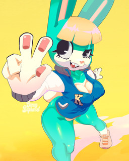 5_fingers anthro big_breasts blonde_hair bottomless breasts cleavage clothed clothing crossgender female fingers footwear fur gesture green_body green_fur hair hand_gesture jacket open_mouth open_smile pawpads pose sharp_teeth shoes simple_background smile sneakers socks solo standing teeth thick_thighs topwear v_sign wide_hips yellow_background bunnybaphomet animal_crossing nintendo sasha_(animal_crossing) lagomorph leporid mammal rabbit 2021 digital_media_(artwork) hi_res shaded signature