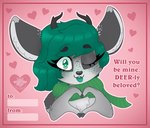 anthro antlers chest_tuft deer freckles fur gesture girly green_eyes green_hair green_tongue hair hand_heart heart_symbol hi_res holidays hoofy_(hoofydeer) hoofydeer horn looking_at_viewer male mammal one_eye_closed scarf solo tongue tongue_out tuft valentine's_day valentine's_day_card white_body white_fur wink winking_at_viewer