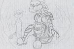 anthro big_breasts big_butt bill_bull_(virus-20) bottomwear bottomwear_down bovid bovine bra breasts bucket butt cattle cleavage clothed clothing container duo female giraffe giraffid luray_giraffe male mammal navel partially_clothed scrub_brush shorts shorts_down tail tail_tuft towel towel_only traditional_media_(artwork) tuft underwear virus-20 water