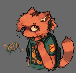 accessory anthro backpack brown_body brown_fur clothing ear_piercing facial_tuft female freckled_arms freckled_face freckles fur green_clothing green_shirt green_topwear hair hair_accessory hair_tie multicolored_body multicolored_fur orange_body orange_eyes orange_fur patch_(fabric) piercing ponytail shirt simple_background solo t-shirt topwear tuft whiskers devinci mammal procyonid raccoon half-length_portrait portrait