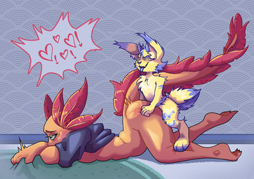 anthro aroused blush bodily_fluids breasts clothed clothing doggystyle duo female female_penetrated from_behind_position heart_symbol larger_sub male male/female male_penetrating male_penetrating_female open_mouth partially_clothed penetration penile penile_penetration penis_in_vagina sex simple_background size_difference small_breasts smile submissive tail tongue tongue_out vaginal vaginal_penetration yellow_body novdi fan_character frida_(legendfroggy) amphibian aquatic axolotl humanoid lagomorph leporid mammal mole_salamander rabbit salamander hi_res