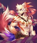 anthro anthrofied asian_clothing belt clothing east_asian_clothing japanese_clothing male multicolored_body muscular muscular_anthro muscular_male purple_background rope rope_belt simple_background solo two_tone_body kollbadoggo asian_mythology east_asian_mythology japanese_mythology mythology sdorica koll canid canine canis domestic_dog mammal hi_res red_theme