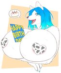 animal_print anthro big_breasts birthday birthday_cake birthday_card blue_eyes blue_hair blush breasts brown_background cake cow_print cow_print_pasties dessert fangs female food fur hair huge_breasts hyper hyper_breasts kemono multicolored_hair nipple_tape open_mouth open_smile pasties simple_background smile solo tape teeth text two_tone_hair white_background white_body white_fur amad_no_moto canid canine canis mammal wolf digital_media_(artwork) half-length_portrait portrait