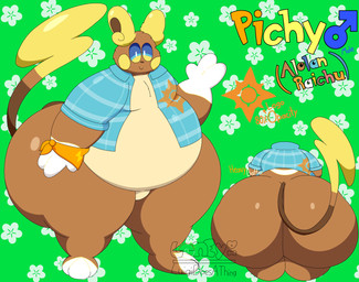 anthro armwear belly big_belly big_butt butt clothing huge_butt male rear_view smile smiling_at_viewer solo luigidoesathing nintendo pokemon pichy_(luigidoesathing) alolan_form alolan_raichu generation_7_pokemon pokemon_(species) regional_form_(pokemon) absurd_res hi_res model_sheet signature