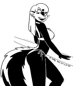 anthro bedroom_eyes bikini breasts chest_tuft clothed clothed_female clothing ear_piercing ear_ring female fluffy fluffy_tail fur hair midriff narrowed_eyes piercing ring_piercing seductive side-tie_bikini side_boob smile solo string_bikini swimwear tail tuft two-piece_swimsuit whiskers tegerio zandar's_saga kelly_o'dor mammal mephitid skunk 2025 black_and_white hi_res monochrome