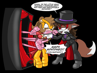 anthro arms_tied bdsm black_boots black_bottomwear black_clothing black_footwear black_latex black_pants black_shirt black_topwear bondage boots bottomwear bound brown_body brown_eyes brown_fur brown_hair captured clothed clothed_anthro clothed_female clothing dialogue dress duo eye_contact female fluffy fluffy_tail footwear fur gloves hair handwear hat headgear headwear high_heeled_boots high_heels knee_boots knee_highs latex latex_bottomwear latex_clothing latex_pants latex_shirt latex_topwear legs_tied legwear long_hair looking_at_another magician multicolored_body multicolored_fur pants platform_boots platform_footwear platform_heels profanity purple_body purple_fur ribbon_bondage ribbons shirt shoes speech_bubble superhero supervillain tail text top_hat topwear two_tone_body two_tone_fur white_body white_clothing white_fur white_gloves white_handwear yellow_knee_boots yellow_knee_highs chaoscroc villaina_(skeletronix) canid canine fox mammal 2025 english_text hi_res