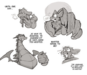 ambiguous_gender blood blush bodily_fluids cleaning_tool duo extreme_size_difference heart_symbol holding_character horn micro micro_in_hand mop nosebleed sigh simple_background size_difference tail text wings shyguy9 mythology dragon kobold mythological_creature mythological_scalie scalie 2020 comic english_text french_text monochrome translated