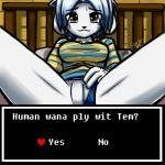 anthro bed blue_hair bodily_fluids breasts clothing clothing_aside female furniture genitals hair imminent_sex interspecies on_bed panties panties_aside presenting presenting_pussy pussy short_hair solo spread_legs spreading sweat underwear underwear_aside datfurrydude undertale undertale_(series) temmie_(undertale) mammal tem 1:1 2015 hi_res