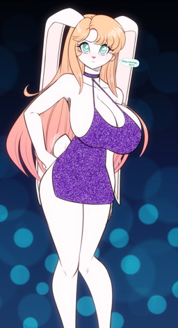 anthro big_breasts breasts brown_hair choker clothing collarbone dialogue dress eyebrows eyelashes female green_eyes hair hand_on_hip huge_breasts jewelry long_hair necklace solo white_body wide_hips scorpdk lagomorph leporid mammal rabbit 2026 absurd_res hi_res