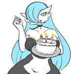 birthday_cake birthday_candle blue_eyes blue_hair breasts cake choker clothing dessert female food hair hair_over_eye holding_cake holding_food holding_object jewelry long_hair looking_at_viewer maid_uniform necklace not_furry one_eye_obstructed solo uniform renv nintendo pokemon luna_the_gardevoir gardevoir generation_3_pokemon humanoid pokemon_(species) shiny_pokemon 1:1 2024 absurd_res hi_res signature