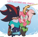 anthro clothing cosplay crossover_cosplay dialogue duo female gloves handwear male male/female melee_weapon narrow_hips narrowed_eyes open_mouth open_smile pickaxe_(minecraft) smile sword text thin_thighs weapon fravoccado microsoft minecraft mojang sega sonic_the_hedgehog_(series) xbox_game_studios alex_(minecraft) amy_rose shadow_the_hedgehog steve_(minecraft) eulipotyphlan hedgehog mammal crossover english_text hi_res signature