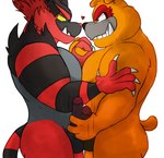 2019 5_fingers anthro balls black_balls black_body black_fur black_nose black_penis bowserboy101 canid canine canis claws digital_media_(artwork) domestic_dog dribble_(warioware) duo eye_contact fingers frottage fur generation_7_pokemon genitals green_eyes grin hand_holding heart_symbol hi_res humanoid_genitalia humanoid_penis incineroar looking_at_another male male/male mammal muscular nintendo orange_body penile penis penis_grab pokemon pokemon_(species) red_body red_fur red_nose sex simple_background smile teeth warioware white_background yellow_sclera