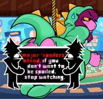 anthro censor_bar closed_hands clothing cosplay costume dinosaur_costume female freckles hair humor looking_away pattern_background purple_body purple_hair relieved rope simple_background solo yellow_eyes 1dr_incognito deltarune godzilla_(series) toho undertale_(series) susie_(deltarune) reptile scalie absurd_res hi_res