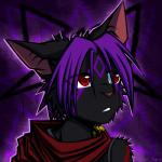 abstract_background anthro black_body black_fur cloak clothing ears_back female fur hair pink_nose pivoted_ears purple_body purple_fur purple_hair red_eyes simple_background solo conditional_dnp ratte legacy_(ratte) yagarai corruption_(species) felid mammal onene 1:1 digital_media_(artwork) hi_res