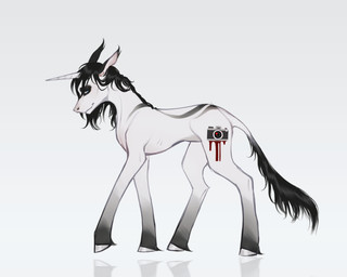 back_markings belly black_body black_ears black_fur black_hair black_nose black_tail blood blue_eyes bodily_fluids camera cutie_mark ear_markings eye_markings eyebrows feral fur grey_back grey_body grey_fur grey_hooves grey_legs grey_markings hair head_markings hooves horn inner_ear_fluff leg_markings light long_hair male markings multicolored_body multicolored_fur quadruped simple_background skinny slim slim_anthro slim_male small_waist smile smiling_at_viewer socks_(marking) solo standing tail tail_markings tail_tuft tuft unguligrade unicorn_horn white_arms white_back white_background white_belly white_body white_chest white_fur white_hooves white_legs white_tail flyfiehel hasbro my_little_pony mythology eric_martins fan_character equid equine mammal mythological_creature mythological_equine unicorn 2026 colored digital_drawing_(artwork) digital_media_(artwork) full-length_portrait hi_res painting_(artwork) portrait