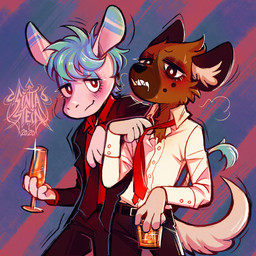 alcohol anthro arm_on_shoulder beverage clothing drunk duo male necktie substance_intoxication suit tugging sintastein aggretsuko sanrio haida_(aggretsuko) tadano_(aggretsuko) asinus donkey equid equine hyena mammal spotted_hyena 1:1 2020 hi_res