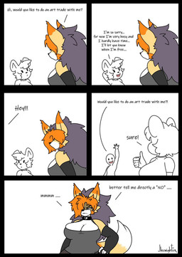 annoyed anthro big_breasts breasts clothed clothing collar dialogue female fur group hair male orange_body orange_fur tail trio yellow_body yellow_fur jhenightfox julie_(jhenightfox) canid canine fox human mammal comic hi_res