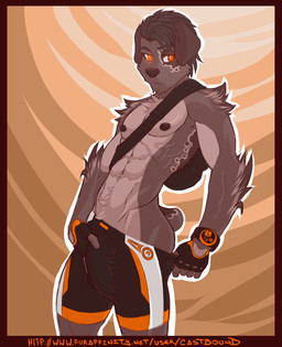 abs abstract_background anthro athletic bag biceps biped black_hair black_nipples black_nose bottomwear bulge chest_tuft clock clothed clothing countershading detailed_bulge fur genital_outline gloves glowing glowing_eyes grey_body grey_fur hair handwear looking_at_viewer male muscular muscular_anthro nipples orange_eyes pecs penis_outline pose shorts simple_background solo standing topless tuft watch castbound russell_(castbound) canid canine canis domestic_dog mammal hi_res