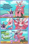 blue_sky duo feral outside purple_body red_body red_sclera sky text gummyfruitcup nintendo pokemon pokemon_mystery_dungeon spike_chunsoft arthropod eeveelution generation_1_pokemon generation_7_pokemon lurantis pokemon_(species) vaporeon 2024 comic hi_res