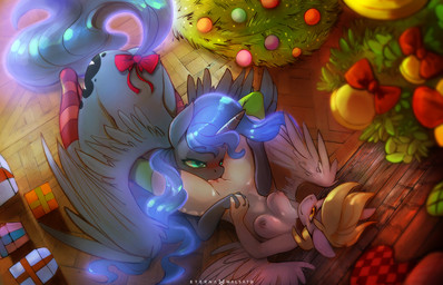 accessory all_fours anthro anthro_on_anthro anthrofied areola bell blonde_hair blue_body blue_eyes blue_feathers blue_fur blue_hair blue_horn blue_tail blush bow_(feature) bow_accessory bow_ribbon breasts butt christmas_tree clothing cunnilingus cutie_mark duo eyebrows eyelashes eyeliner feathered_wings feathers female female/female fluffy fluffy_tail footwear fur furgonomics genitals gift glowing glowing_hair glowing_tail grey_areola grey_body grey_feathers grey_fur grey_nipples hair half-closed_eyes hand_holding holidays horn ineffective_clothing inside legwear long_hair looking_at_another looking_at_partner lying makeup mascara mostly_nude narrowed_eyes nipples on_back oral pattern_clothing pattern_legwear penetration pink_tongue plant plump_labia ribbons sex slim smile snout socks spread_wings stockings striped_clothing striped_legwear stripes tail tail_accessory tail_bow tail_ribbon thigh_highs tongue tongue_out tree vaginal vaginal_penetration vulva wings yellow_eyes foxinshadow christmas friendship_is_magic hasbro my_little_pony mythology derpy_hooves_(mlp) princess_luna_(mlp) equid equine mammal mythological_creature mythological_equine pegasus winged_unicorn 2016 digital_media_(artwork) shaded