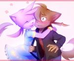 anthro blush clothed clothing duo female fur hair hug male male/female open_mouth smile standing coff felid mammal hi_res