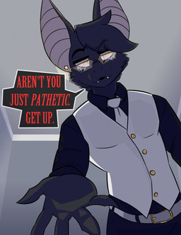 anthro belt big_ears black_body black_bottomwear black_clothing black_fur black_hair black_hand black_pants black_shirt black_topwear bottomwear button_(fastener) cheek_tuft clothing collared_shirt condescending dialogue ear_piercing eyebrow_through_hair eyebrows eyewear facial_tuft fur glasses gold_button_(fastener) gold_glasses golden_buckle hair head_tuft inside lamp leaning leaning_forward looking_at_viewer male markings neck_tuft necktie open_mouth pants piercing pink_inner_ear pupils raised_eyebrow reaching_out reaching_towards_viewer shirt slit_pupils snaggle_teeth solo speech_bubble standing suit text topwear translucent translucent_hair tuft wall_(structure) white_belt white_clothing white_eyes white_markings white_necktie white_suit suitedwolfie cain_(suitedwolfie) bat mammal 2025 digital_drawing_(artwork) digital_media_(artwork) english_text hi_res shaded