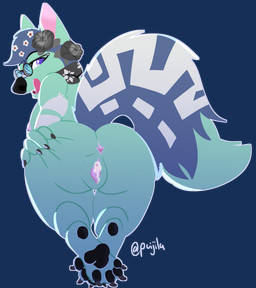accessory anthro big_breasts big_butt black_nose black_pawpads black_paws blue_body blue_fur blush bodily_fluids breasts butt butt_grab claws clothed clothing cum cum_in_vagina cum_inside eyewear female floral flower flower_crown flower_garland flower_in_hair fluffy fluffy_tail fur fur_markings garland genital_fluids genitals glasses green_body green_fur hair hair_accessory hand_on_butt huge_butt inviting inviting_viewer licking licking_lips licking_own_lips looking_at_viewer markings mint_body mint_fur multicolored_body nipple_piercing nipples open_mouth pawpads paws piercing plant presenting presenting_hindquarters presenting_vulva purple_eyes round_glasses scarf self_lick smile solo tail thick_thighs tongue tongue_out vaginal_fluids vulva white_body white_fur white_markings legguflops animal_jam wildworks fan_character infinity_(legguflops) arctic_wolf canid canine canis mammal wolf absurd_res alpha_channel digital_media_(artwork) hi_res