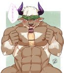 abs accessory anthro blush bodily_fluids body_hair chest_hair cum cum_in_mouth cum_inside disembodied_penis duo erection genital_fluids genitals hair headband horn male male/male nipples nude pecjob pecs penis precum purple_eyes sex text white_hair connersublow lifewonders tokyo_afterschool_summoners shennong_(tas) bovid bovine cattle human mammal absurd_res hi_res japanese_text