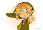 blonde_hair clothing eyes_closed hair hat headgear headwear humanoid_pointy_ears light_body light_skin male not_furry pointy_ears shirt simple_background smile solo topwear tunic tokuura nintendo the_legend_of_zelda wind_waker toon_link humanoid hylian signature