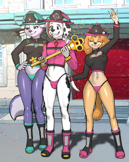 anthro black_body black_fur blue_eyes boots building butt butt_grab clothed clothing collar confetti crossdressing female firefighter footwear fur group hand_on_butt jacket key male nervous nervous_smile outside purple_body purple_fur shoes smile speedo swimwear tan_body tan_fur thong topwear trio underwear white_body white_fur diacordst paw_patrol everest_(paw_patrol) marshall_(paw_patrol) skye_(paw_patrol) bird_dog canid canine canis cocker_spaniel dalmatian domestic_dog hunting_dog husky mammal nordic_sled_dog spaniel spitz absurd_res hi_res
