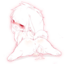after_vaginal blush bodily_fluids chibi cum ejaculation female genital_fluids kemono rear_view red_eyes red_line_art solo vaginal_fluids vaginal_squirting deaic canid canine mammal 2018 colored_line_art hi_res sketch