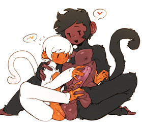 5_fingers anthro anthro_on_anthro balls balls_touching between_toes black_body black_fur blush blush_lines duo entwined_toes feet fingers foot_fetish foot_focus foot_play footsie fur genitals glans humanoid_genitalia humanoid_penis male male/male nipples open_mouth open_smile penis prehensile_feet smile tail toes white_body white_fur doppel haplorhine mammal monkey primate