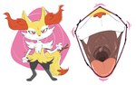 ambiguous_gender anthro biped black_body black_fur fangs fur gaping_mouth mouth_shot open_mouth red_body red_eyes red_fur simple_background solo stick teeth tongue tongue_out uvula white_background white_body white_fur yellow_body yellow_fur lecigzz nintendo pokemon braixen generation_6_pokemon pokemon_(species) 2023