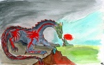 biped chasm contrast crouching duality duo female feral grass hair plant quadruped red_hair side_view size_difference spirits standing tail ravengraxton european_mythology mythology dragon human mammal mythological_creature mythological_scalie scalie western_dragon wingless_dragon full-length_portrait mixed_media painting_(artwork) pen_(artwork) portrait traditional_media_(artwork) watercolor_(artwork)