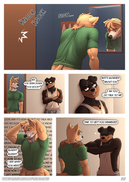 anthro beard bottomwear brown_body brown_fur chest_tuft clothed clothing dialogue duo facial_hair fingers floppy_ears fur goatee green_clothing group hair leaning_against_wall male mirror mirror_reflection muscular muscular_anthro muscular_male nipples open_mouth page_number pants reflection shirt smile speech_bubble tail talking_to_another tank_top text text_in_background topwear tuft flicklock cane_(flicklock) henry_(flicklock) bird_dog canid canine canis cougar domestic_dog felid feline golden_retriever hunting_dog mammal mastiff molosser retriever rottweiler absurd_res colored comic digital_media_(artwork) english_text hi_res shaded url