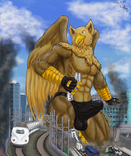5_fingers abs anthro balls_outline beak biceps biped boxer_briefs brown_body brown_fur building building_destruction bulge city city_background city_destruction cityscape claws clothing crush destruction detailed_bulge erection erection_under_briefs erection_under_clothing feathered_wings feathers feet finger_claws fingerless_gloves fingers fur genital_outline gloves handwear house landscape_dwarfing macro macro_anthro macro_male male muscular muscular_anthro muscular_male nude outside pecs public_transportation rampage sky smile solo tail toes train underwear vehicle vehicle_destruction wings shimatabi mythology carpo avian gryphon mythological_avian mythological_creature hi_res