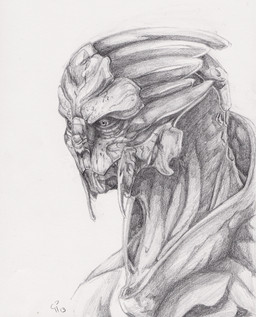 ambiguous_gender anthro mouth_closed pupils side_view solo deriaz bioware electronic_arts mass_effect alien turian 2013 bust_portrait graphite_(artwork) greyscale monochrome portrait signature traditional_media_(artwork)