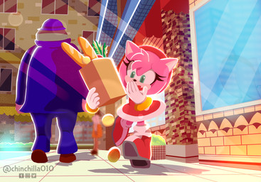 accessory ambiguous_gender anthro bag baguette biped boots bread building clothed clothing day detailed_background dress duo female food footwear fully_clothed fur gloves green_eyes hair_accessory hairband handwear holding_object on_model open_mouth outside pink_body pink_fur plant red_clothing red_dress shoes thin_calves vegetable walking white_clothing white_gloves white_handwear chinchilla010 sega sonic_adventure sonic_the_hedgehog_(series) amy_rose eulipotyphlan hedgehog human mammal 2020 digital_media_(artwork) hi_res signature