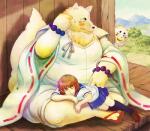 anthro blush clothing duo female fur humanoid_hands male outside overweight overweight_male robe sitting white_body white_fur lako gingitsune gintaro haru_(gingitsune) canid canine fox human mammal 2012 hi_res