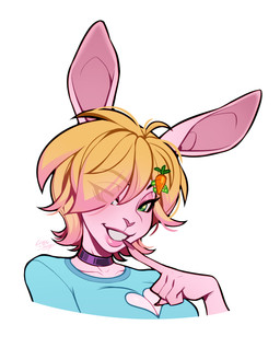 anthro blonde_hair collar female fingernails green_eyes hair nails pink_body seductive smile anonymous_artist milky_rivas lagomorph leporid mammal rabbit absurd_res hi_res portrait