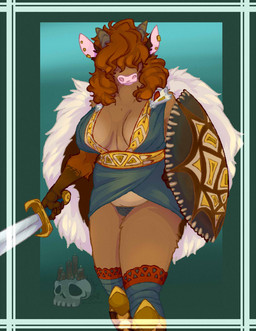 anthro big_breasts breasts brown_body brown_fur cleavage clothed clothing ear_piercing female fur hair hair_over_eyes horn melee_weapon orange_hair panties piercing shield skimpy solo standing sword underwear weapon candlesstyx bovid bovine cattle highland_cattle mammal hi_res