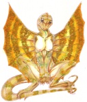 anthro breasts claws covering covering_self female looking_at_viewer membrane_(anatomy) membranous_wings nipples non-mammal_breasts non-mammal_nipples nude solo spread_legs spreading stripes tail wings uaykan lizard reptile scalie 2005