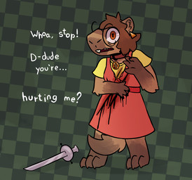 anthro blood bodily_fluids buckteeth clothing collar dress ear_piercing ear_ring eyewear glasses melee_weapon panicking piercing rapier ring_piercing slightly_chubby surprised sword tail tail_between_legs teeth weapon wounded furufoo lizard_(furufoo) capybara caviid mammal rodent hi_res trans_(lore) trans_woman_(lore)