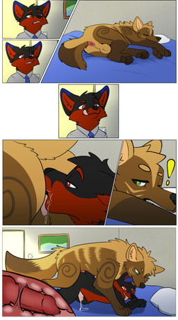 all_fours anal anal_knotting anal_penetration animal_genitalia animal_penis anthro anthro_on_feral anthro_penetrated anthro_rimming_feral anus backsack balls bed bestiality biped black_body black_nose blue_markings bodily_fluids brown_body canine_genitalia canine_penis cheek_tuft clothed clothing collared_shirt cutaway dipstick_ears dress_shirt duo ear_markings erection exclamation_point eyebrows facial_tuft feral feral_penetrating feral_penetrating_anthro from_behind_position furniture genital_fluids genitals head_tuft internal intraspecies intraspecies_bestiality knot knotting leaking_precum licking licking_lips licking_own_lips looking_at_another looking_pleasured lying lying_on_bed male male/male male_feral male_on_feral male_penetrated male_penetrating male_penetrating_male markings mounting multicolored_ears necktie nude on_bed on_side open_mouth oral pawpads penetration penis pillow precum quadruped red_body rimming sex shirt tan_body teeth tongue tongue_out topwear tuft adroan canid canine canis fox mammal wolf 2025 absurd_res comic hi_res multiple_scenes